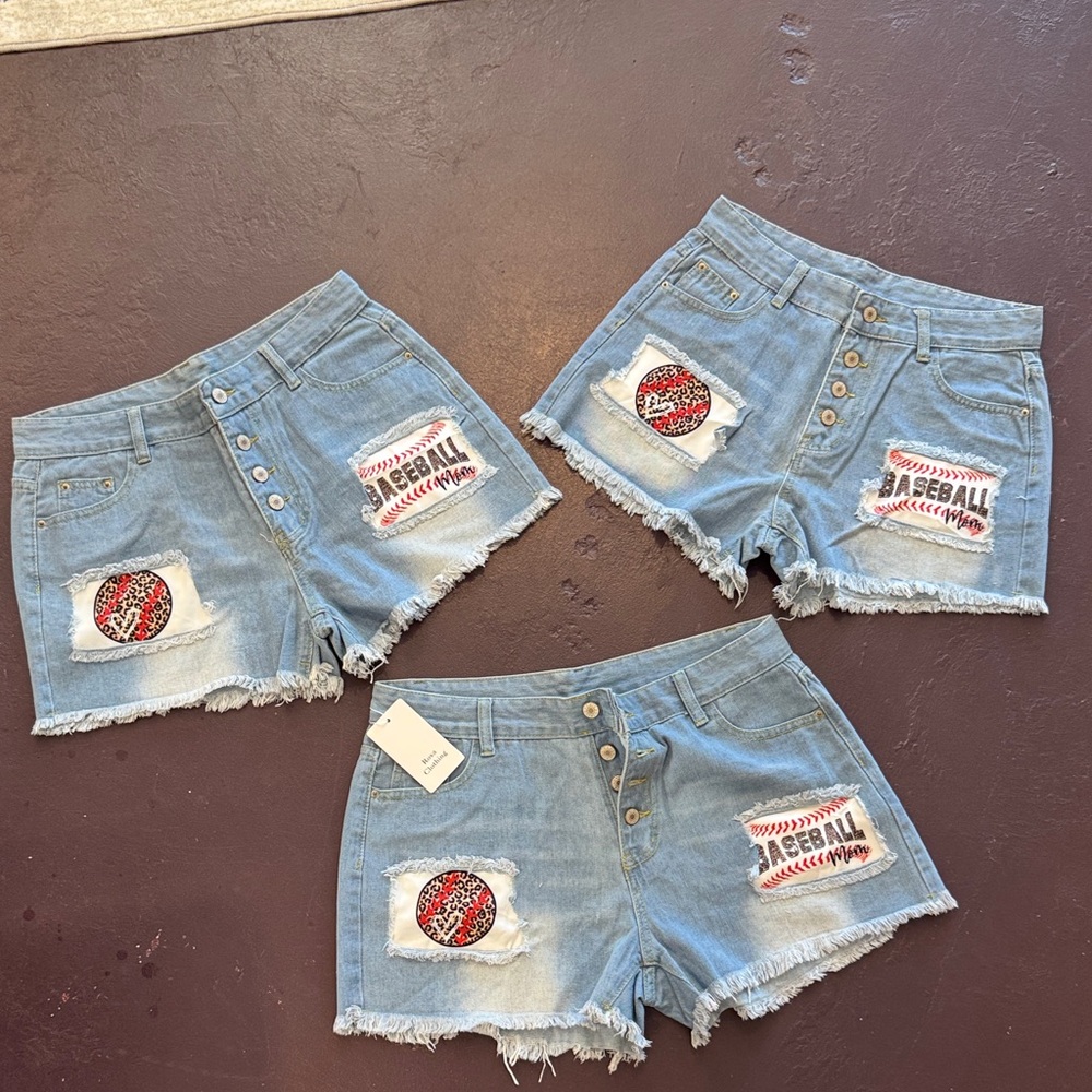 Trendy Light Blue Denim Shorts with Baseball Patch